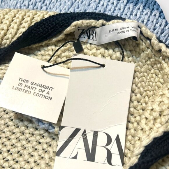 NWT Zara Knit Crochet Midi Dress M Color Block Cream Blue Bow NEW V Neck Bow - Picture 9 of 10